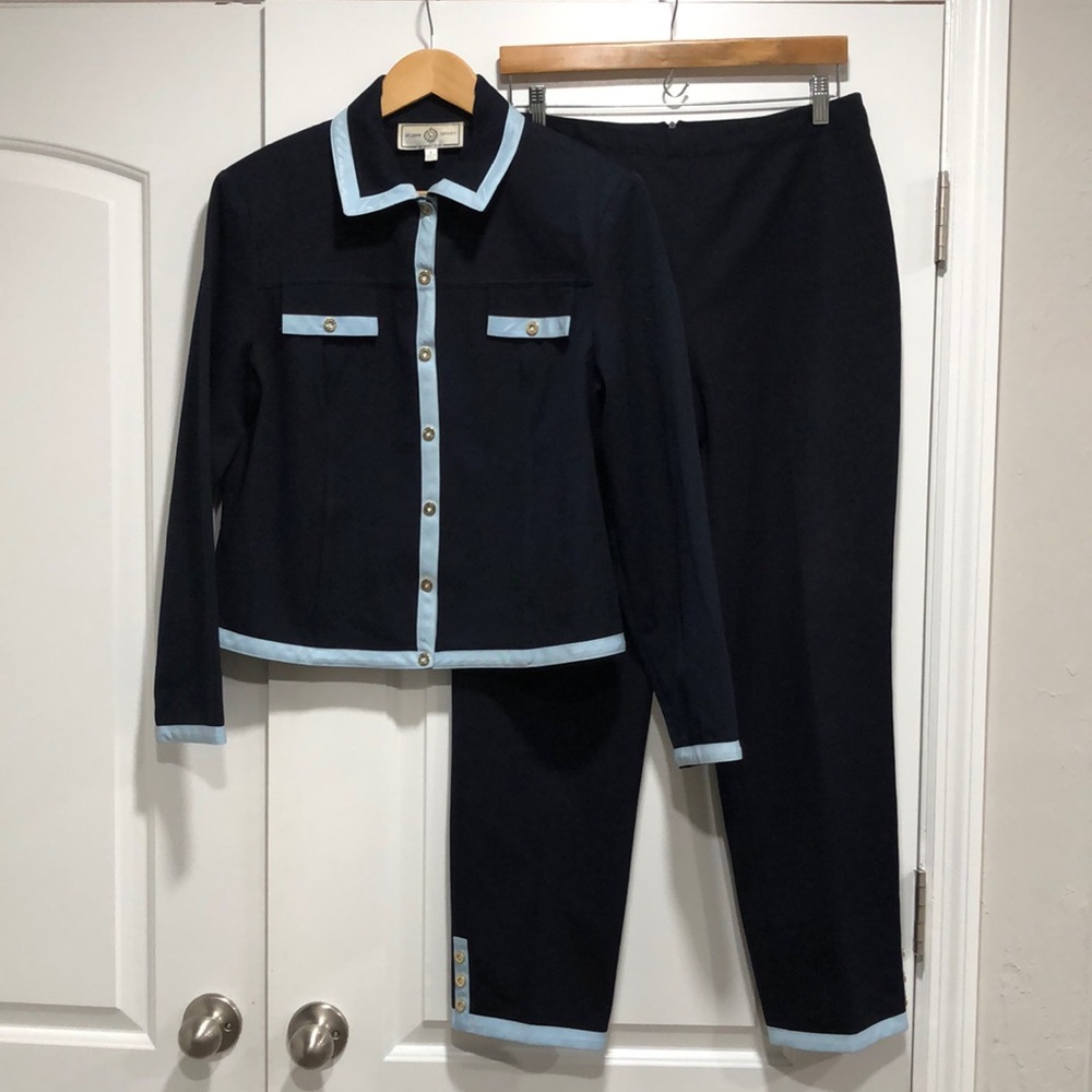 St. John Navy Jacket & Pants Set with Light Blue Trim